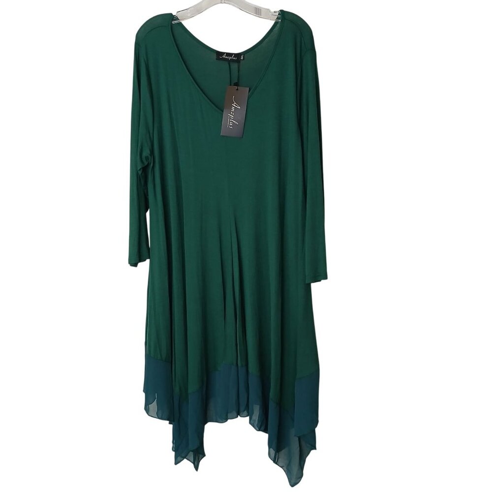 Amz Plus Emerald Green Dress XXL 3/4 Sleeve Irregular Hem Sheer Layering #C31